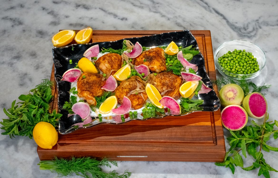 Crispy Chicken Thighs with Sweet Peas, Lemon & Herbed Yogurt